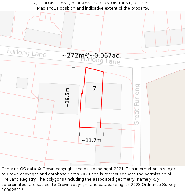 7, FURLONG LANE, ALREWAS, BURTON-ON-TRENT, DE13 7EE: Plot and title map