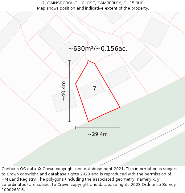 7, GAINSBOROUGH CLOSE, CAMBERLEY, GU15 3UE: Plot and title map