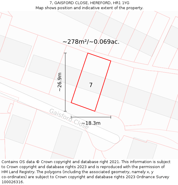 7, GAISFORD CLOSE, HEREFORD, HR1 1YG: Plot and title map