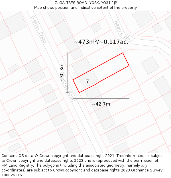 7, GALTRES ROAD, YORK, YO31 1JP: Plot and title map