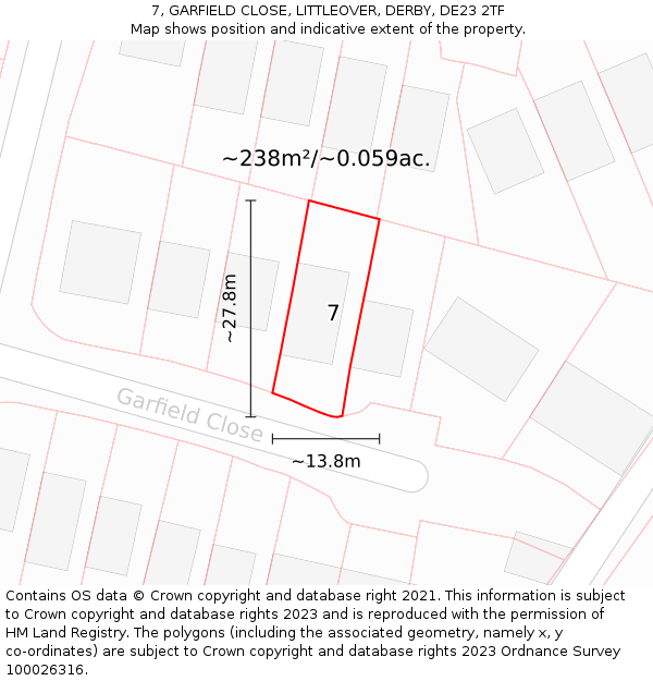 7, GARFIELD CLOSE, LITTLEOVER, DERBY, DE23 2TF: Plot and title map