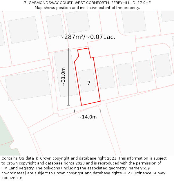 7, GARMONDSWAY COURT, WEST CORNFORTH, FERRYHILL, DL17 9HE: Plot and title map