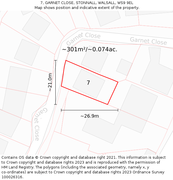 7, GARNET CLOSE, STONNALL, WALSALL, WS9 9EL: Plot and title map