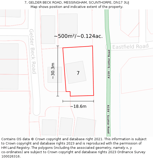 7, GELDER BECK ROAD, MESSINGHAM, SCUNTHORPE, DN17 3UJ: Plot and title map