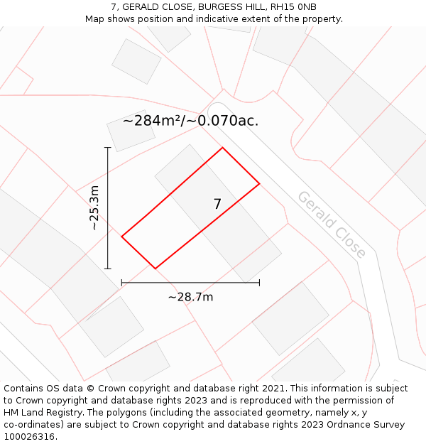 7, GERALD CLOSE, BURGESS HILL, RH15 0NB: Plot and title map