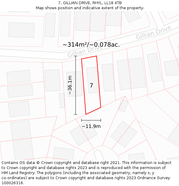 7, GILLIAN DRIVE, RHYL, LL18 4TB: Plot and title map