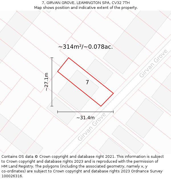 7, GIRVAN GROVE, LEAMINGTON SPA, CV32 7TH: Plot and title map