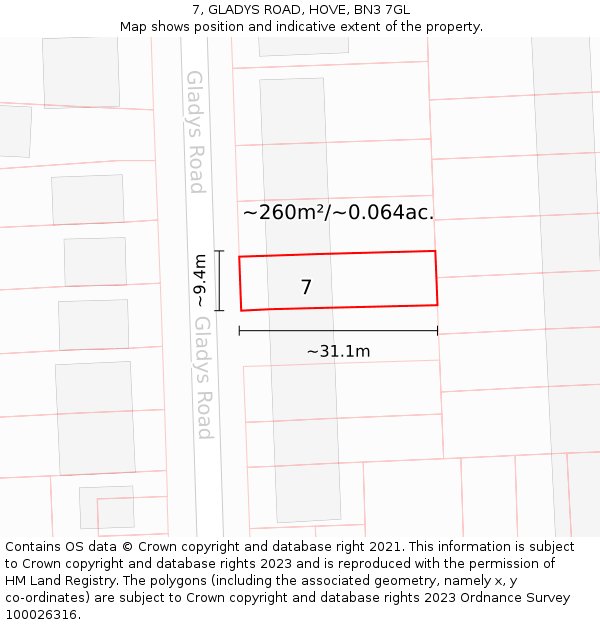 7, GLADYS ROAD, HOVE, BN3 7GL: Plot and title map