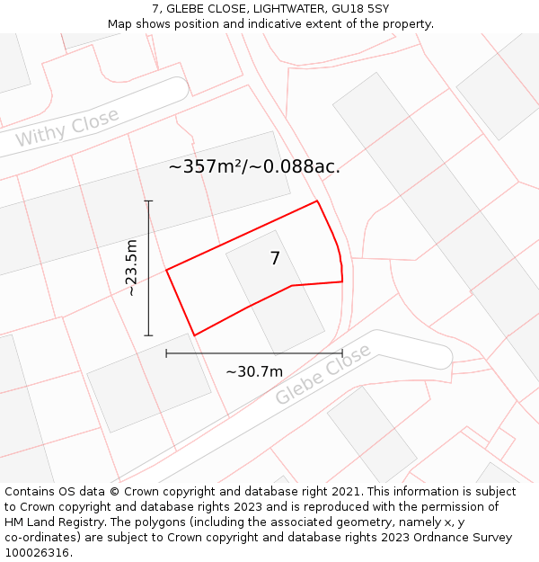 7, GLEBE CLOSE, LIGHTWATER, GU18 5SY: Plot and title map