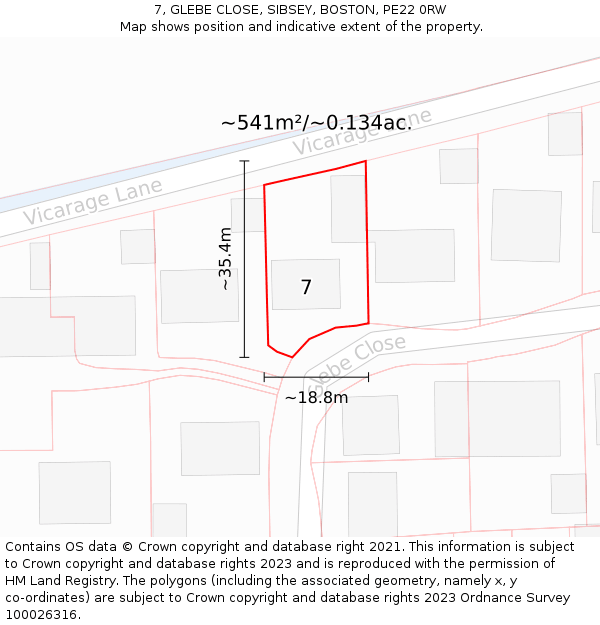7, GLEBE CLOSE, SIBSEY, BOSTON, PE22 0RW: Plot and title map