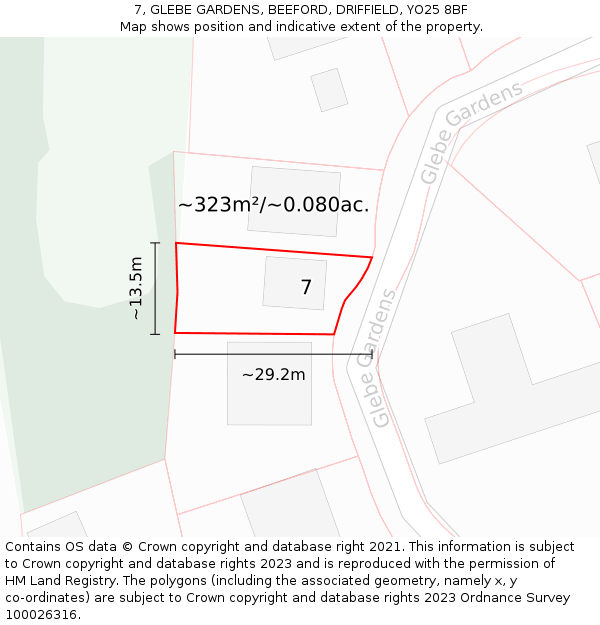 7, GLEBE GARDENS, BEEFORD, DRIFFIELD, YO25 8BF: Plot and title map