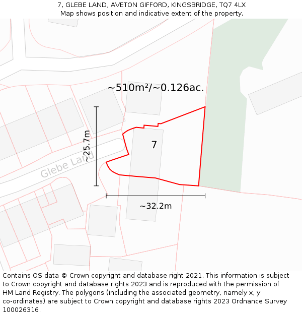 7, GLEBE LAND, AVETON GIFFORD, KINGSBRIDGE, TQ7 4LX: Plot and title map
