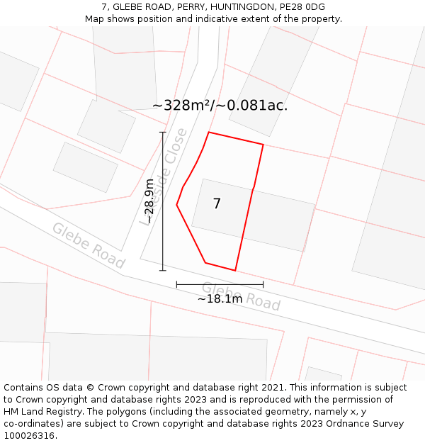 7, GLEBE ROAD, PERRY, HUNTINGDON, PE28 0DG: Plot and title map