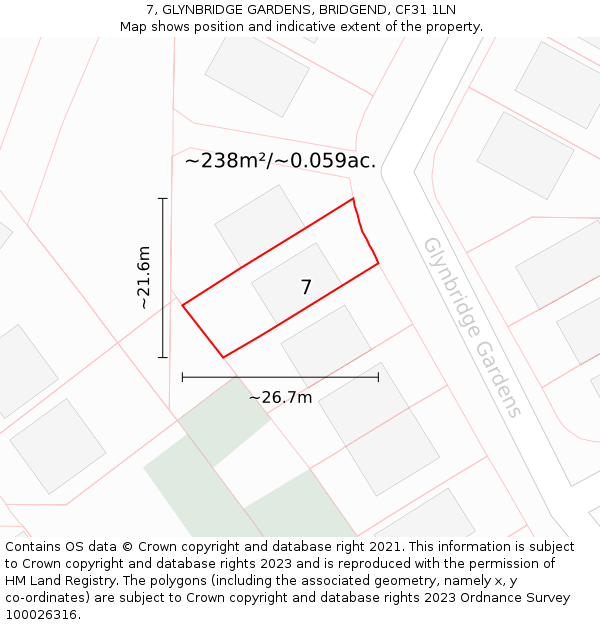 7, GLYNBRIDGE GARDENS, BRIDGEND, CF31 1LN: Plot and title map