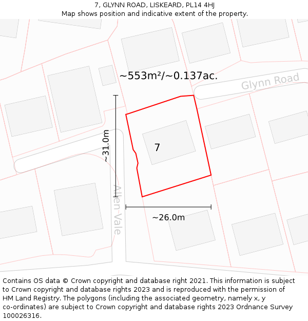 7, GLYNN ROAD, LISKEARD, PL14 4HJ: Plot and title map