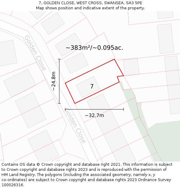 7, GOLDEN CLOSE, WEST CROSS, SWANSEA, SA3 5PE: Plot and title map