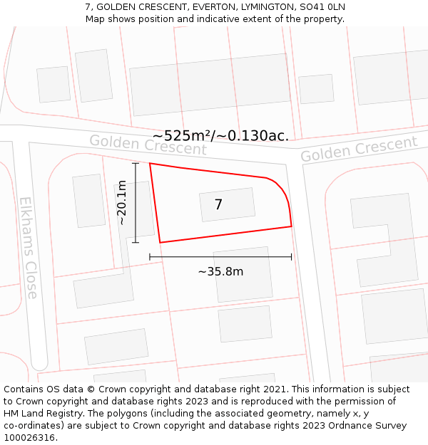 7, GOLDEN CRESCENT, EVERTON, LYMINGTON, SO41 0LN: Plot and title map