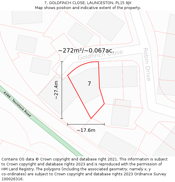 7, GOLDFINCH CLOSE, LAUNCESTON, PL15 9JX: Plot and title map