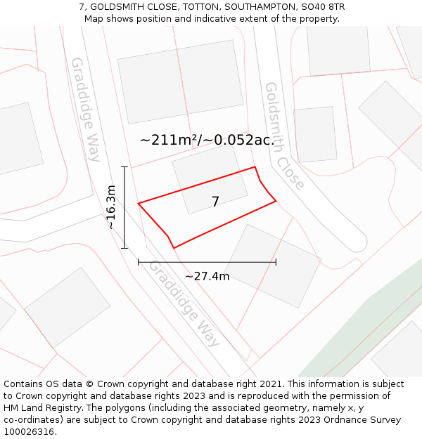 7, GOLDSMITH CLOSE, TOTTON, SOUTHAMPTON, SO40 8TR: Plot and title map