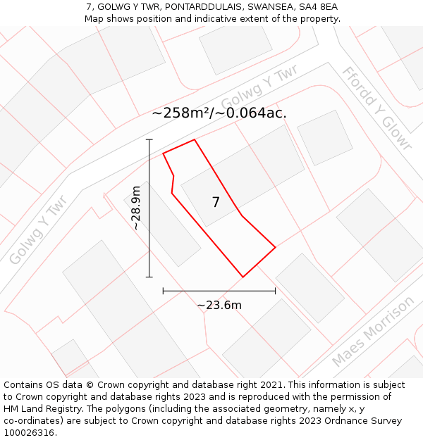 7, GOLWG Y TWR, PONTARDDULAIS, SWANSEA, SA4 8EA: Plot and title map