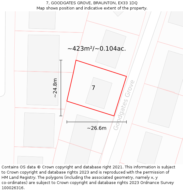 7, GOODGATES GROVE, BRAUNTON, EX33 1DQ: Plot and title map