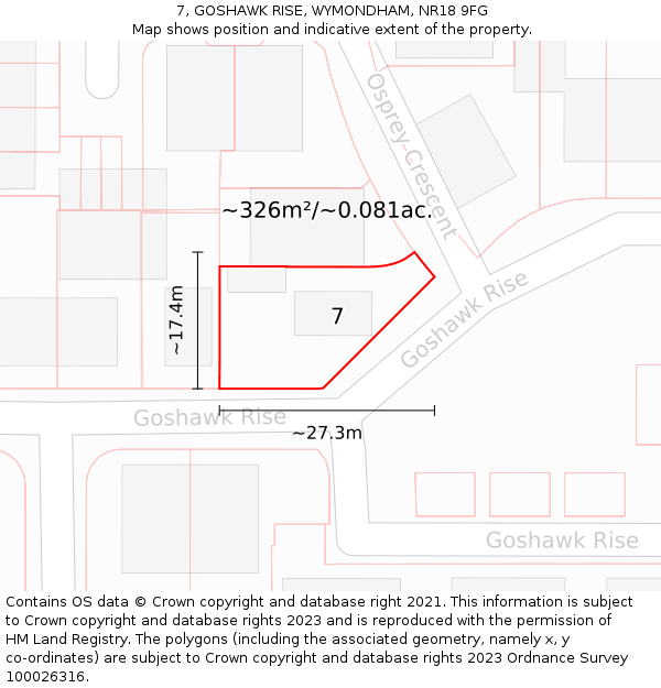 7, GOSHAWK RISE, WYMONDHAM, NR18 9FG: Plot and title map