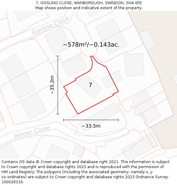 7, GOSLING CLOSE, WANBOROUGH, SWINDON, SN4 0FE: Plot and title map