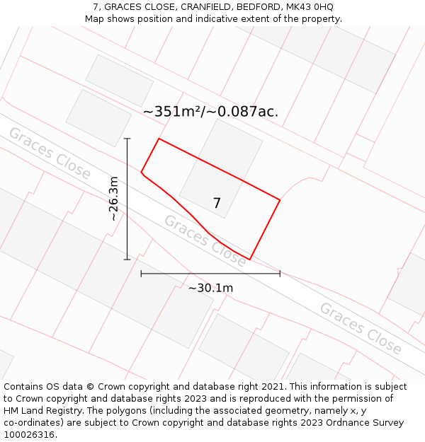7, GRACES CLOSE, CRANFIELD, BEDFORD, MK43 0HQ: Plot and title map