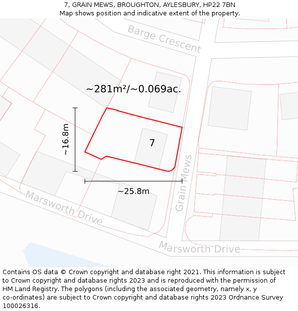 7, GRAIN MEWS, BROUGHTON, AYLESBURY, HP22 7BN: Plot and title map