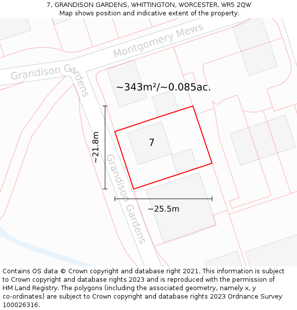 7, GRANDISON GARDENS, WHITTINGTON, WORCESTER, WR5 2QW: Plot and title map