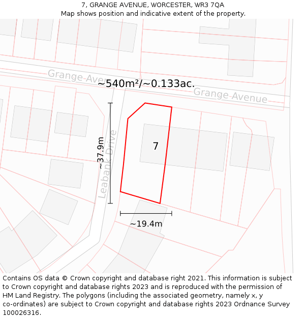 7, GRANGE AVENUE, WORCESTER, WR3 7QA: Plot and title map