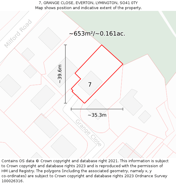 7, GRANGE CLOSE, EVERTON, LYMINGTON, SO41 0TY: Plot and title map