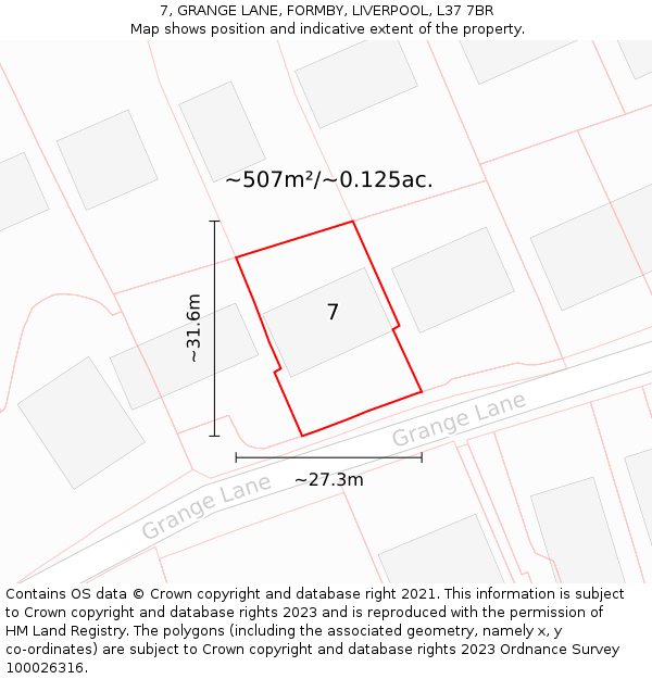 7, GRANGE LANE, FORMBY, LIVERPOOL, L37 7BR: Plot and title map