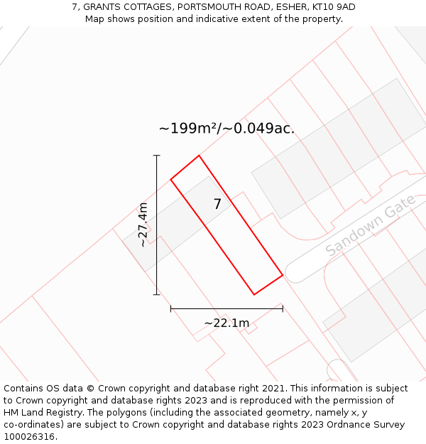 7, GRANTS COTTAGES, PORTSMOUTH ROAD, ESHER, KT10 9AD: Plot and title map