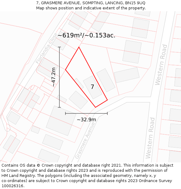 7, GRASMERE AVENUE, SOMPTING, LANCING, BN15 9UQ: Plot and title map