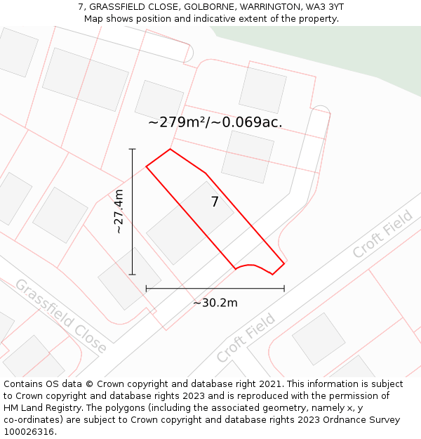 7, GRASSFIELD CLOSE, GOLBORNE, WARRINGTON, WA3 3YT: Plot and title map