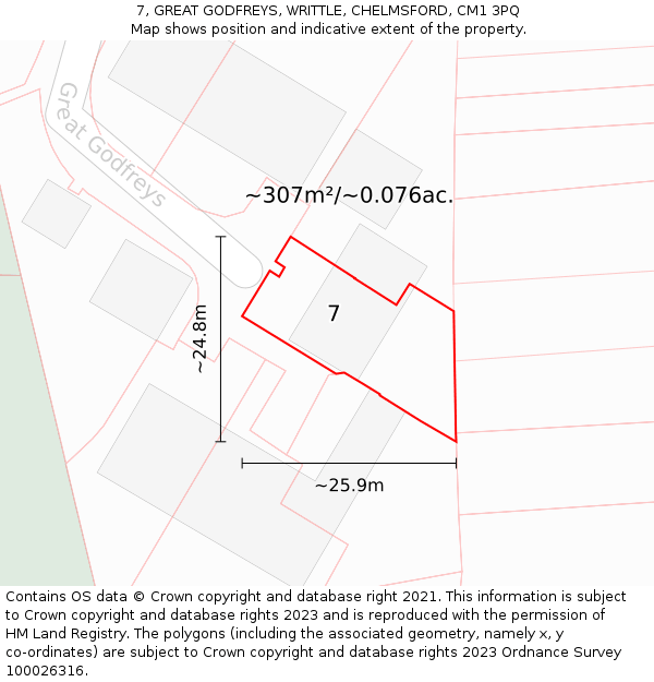 7, GREAT GODFREYS, WRITTLE, CHELMSFORD, CM1 3PQ: Plot and title map