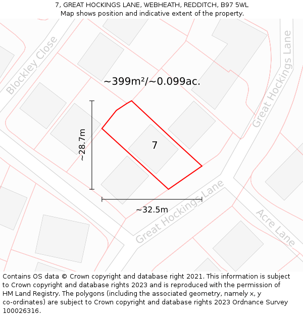 7, GREAT HOCKINGS LANE, WEBHEATH, REDDITCH, B97 5WL: Plot and title map