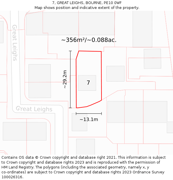 7, GREAT LEIGHS, BOURNE, PE10 0WF: Plot and title map