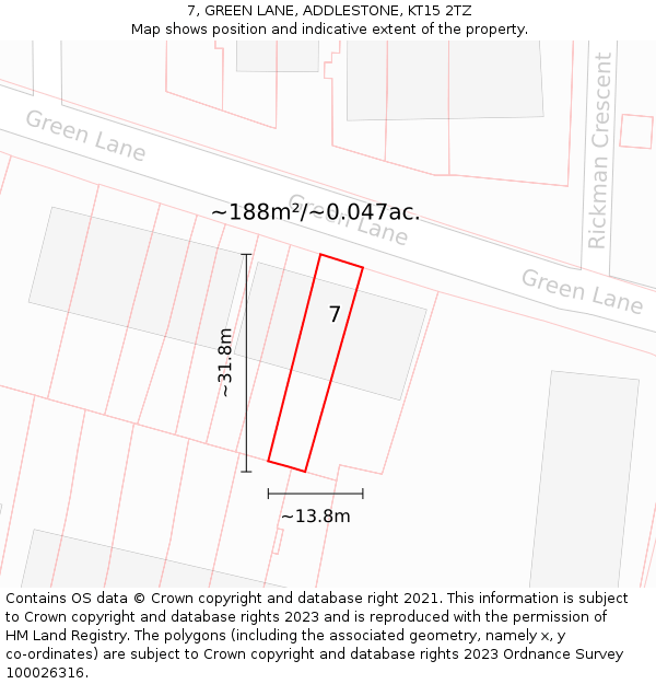 7, GREEN LANE, ADDLESTONE, KT15 2TZ: Plot and title map