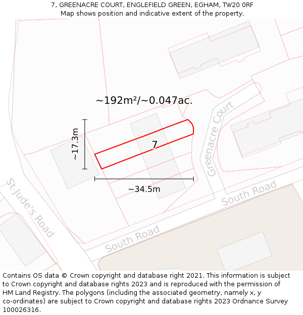 7, GREENACRE COURT, ENGLEFIELD GREEN, EGHAM, TW20 0RF: Plot and title map