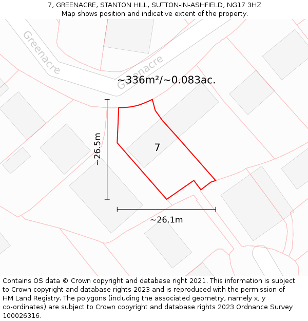 7, GREENACRE, STANTON HILL, SUTTON-IN-ASHFIELD, NG17 3HZ: Plot and title map