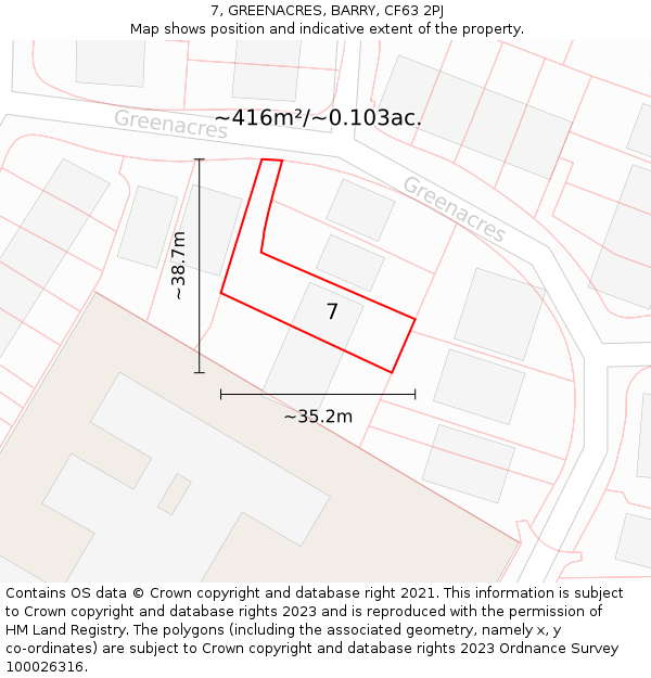 7, GREENACRES, BARRY, CF63 2PJ: Plot and title map