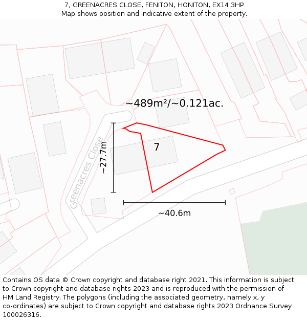 7, GREENACRES CLOSE, FENITON, HONITON, EX14 3HP: Plot and title map