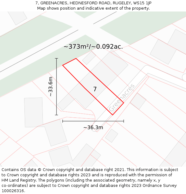 7, GREENACRES, HEDNESFORD ROAD, RUGELEY, WS15 1JP: Plot and title map