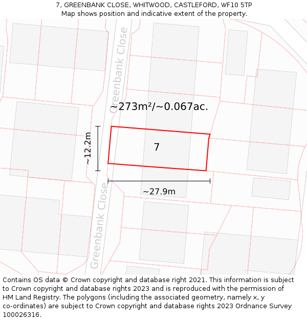 7, GREENBANK CLOSE, WHITWOOD, CASTLEFORD, WF10 5TP: Plot and title map