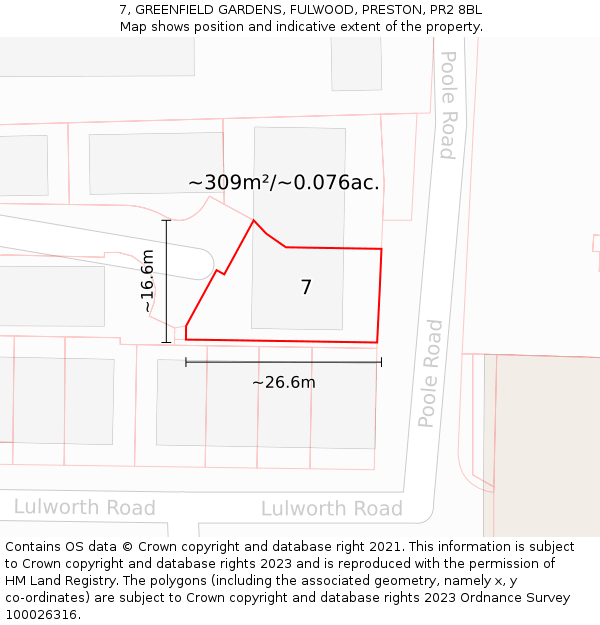 7, GREENFIELD GARDENS, FULWOOD, PRESTON, PR2 8BL: Plot and title map