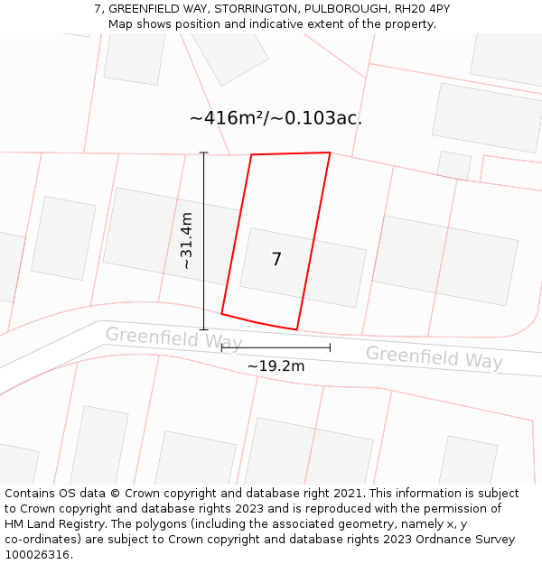 7, GREENFIELD WAY, STORRINGTON, PULBOROUGH, RH20 4PY: Plot and title map