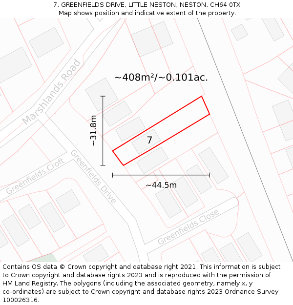 7, GREENFIELDS DRIVE, LITTLE NESTON, NESTON, CH64 0TX: Plot and title map