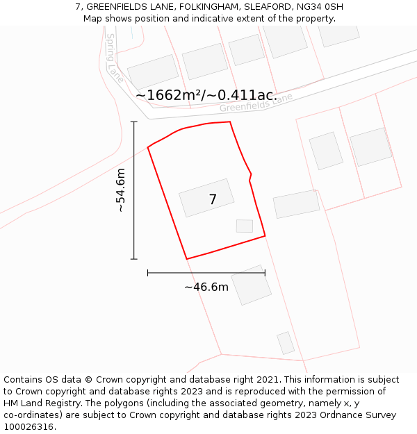 7, GREENFIELDS LANE, FOLKINGHAM, SLEAFORD, NG34 0SH: Plot and title map